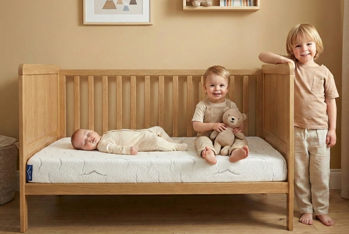 Baby en twee kinderen bij Babymatras Nimba in een houten ledikant