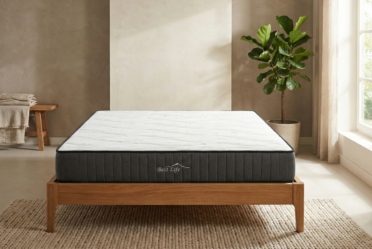 Matras Nanda op een houten bedframe in een lichte slaapkamer