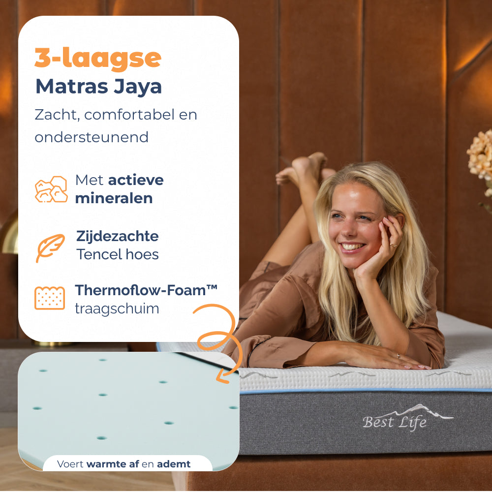Vrouw ligt op 3-laags Matras Jaya met actieve mineralen, Tencel hoes en Thermoflow traagschuim