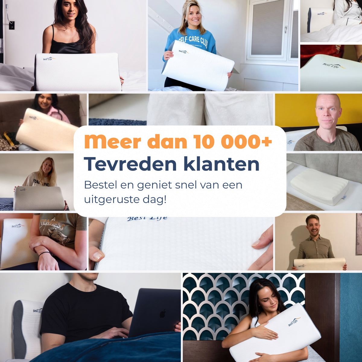 Collage van klanten met Hoofdkussen Guna, meer dan 10.000 tevreden klanten