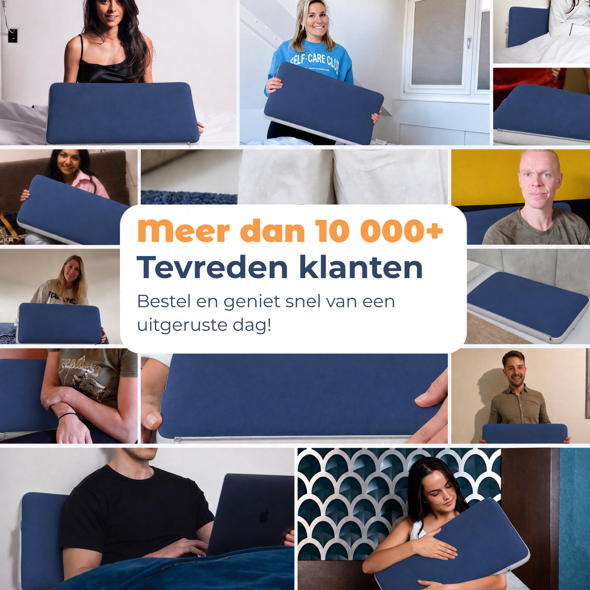 Collage van klanten met Hoofdkussen Dinara, meer dan 10.000 tevreden klanten