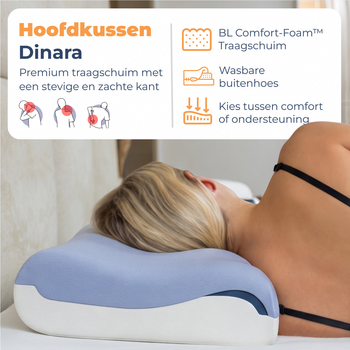 Vrouw slaapt op haar zij op Hoofdkussen Dinara met een stevige en een zachte kant