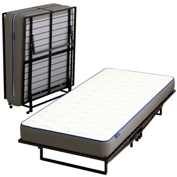 Vouwbed Orta met metalen frame uitgeklapt met matras, naast een ingeklapt vouwbed