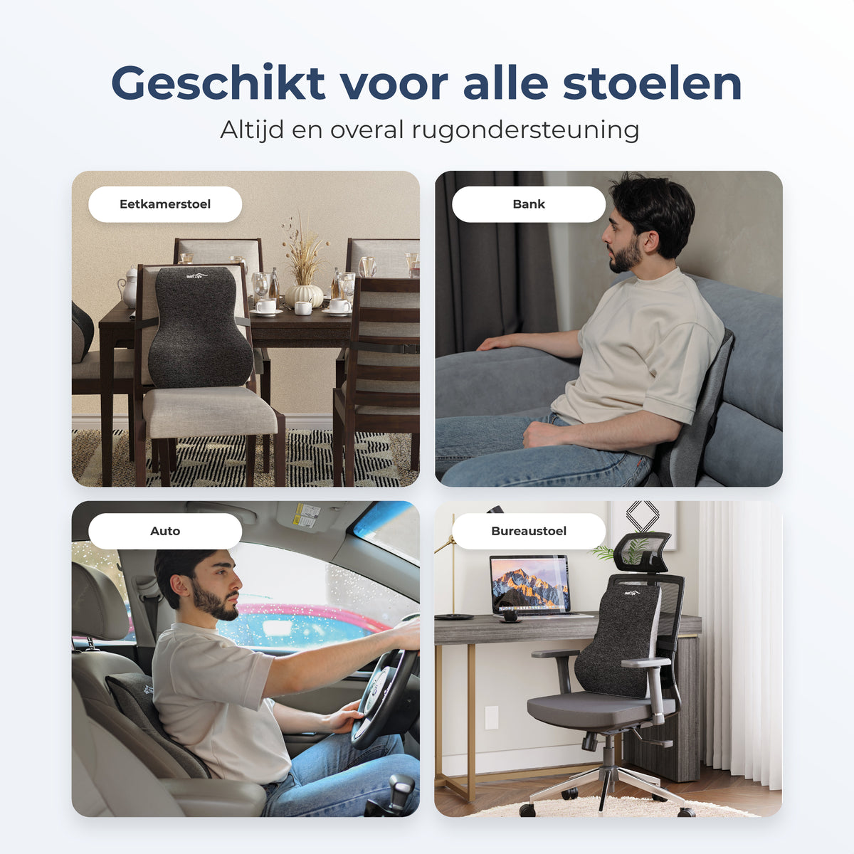 Rugkussen Jannu op eetkamerstoel, bank, autostoel en bureaustoel