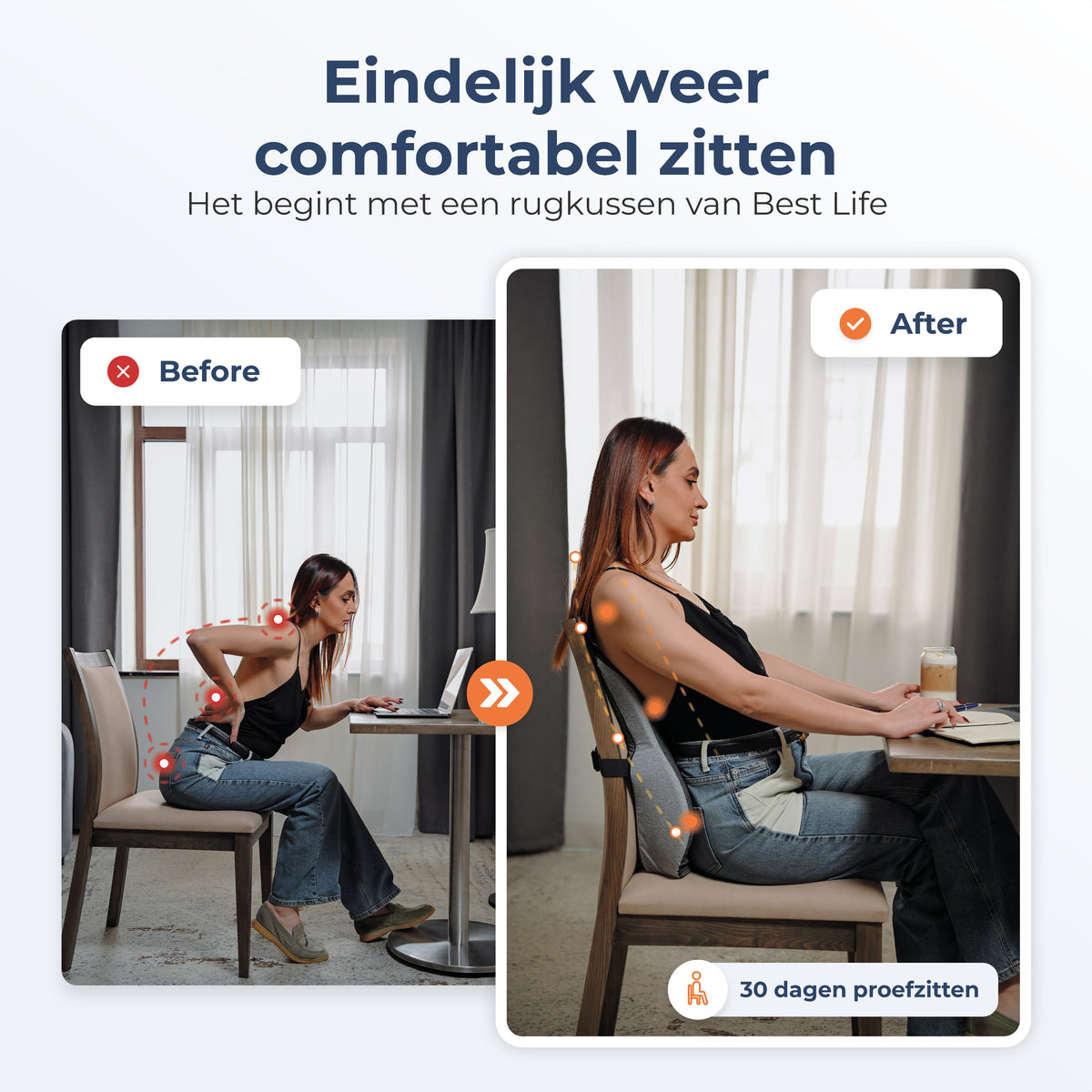 Voor en na: vrouw zit aan bureau zonder en met Rugkussen Jannu