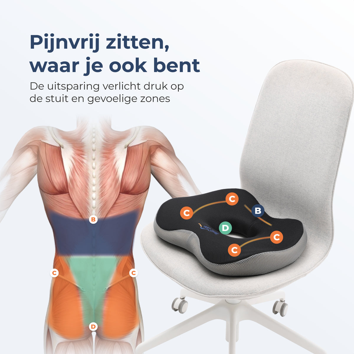 Ringkussen Monviso op stoel met uitsparing die druk op de stuit en gevoelige zones vermindert
