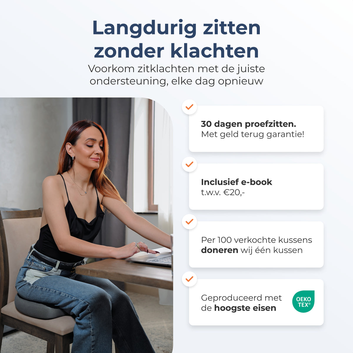 Vrouw zit lang aan bureau op Ringkussen Monviso, met 30 dagen proefzitten en e-book