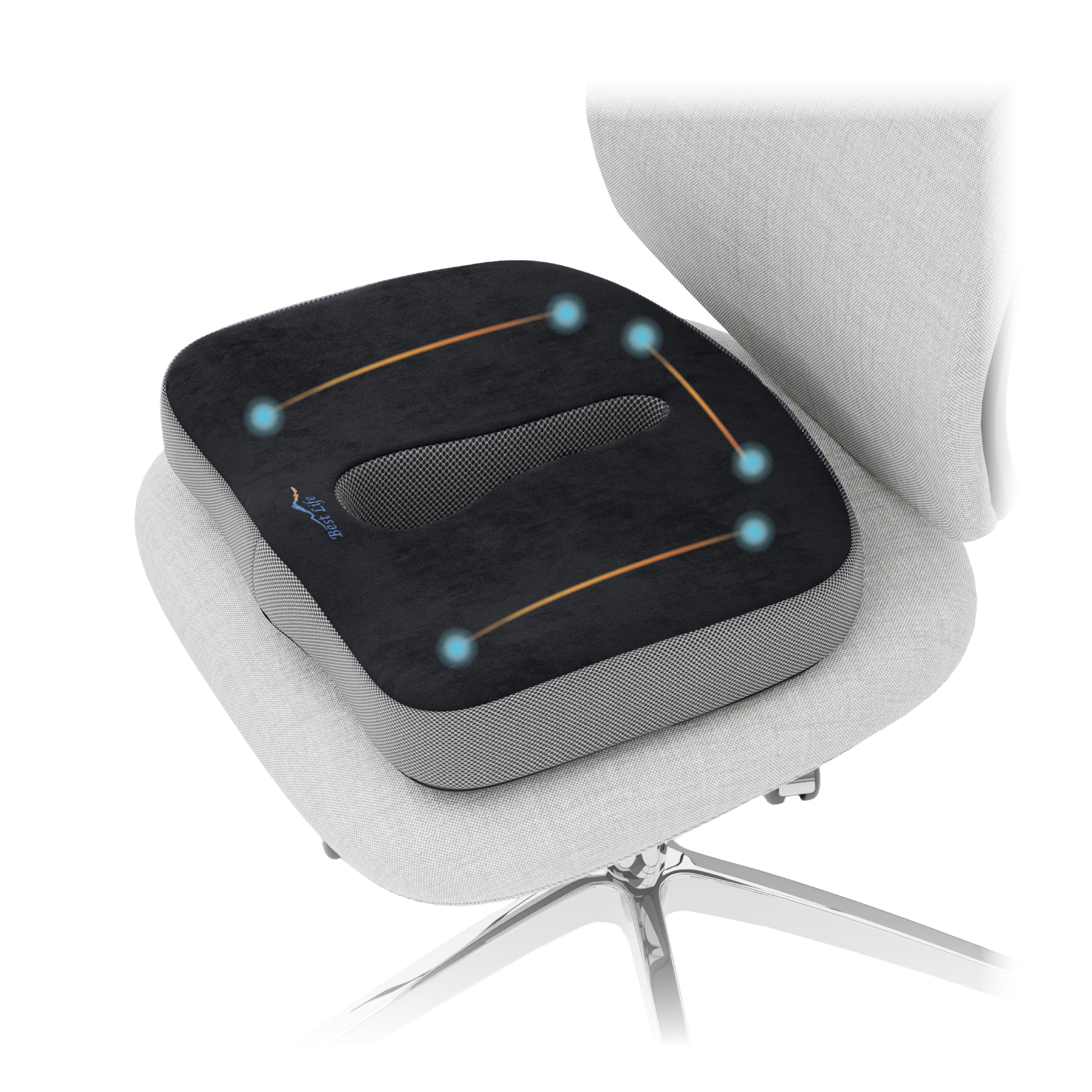 Zitkussen Makalu zwart met ergonomische vorm, op een witte stoel