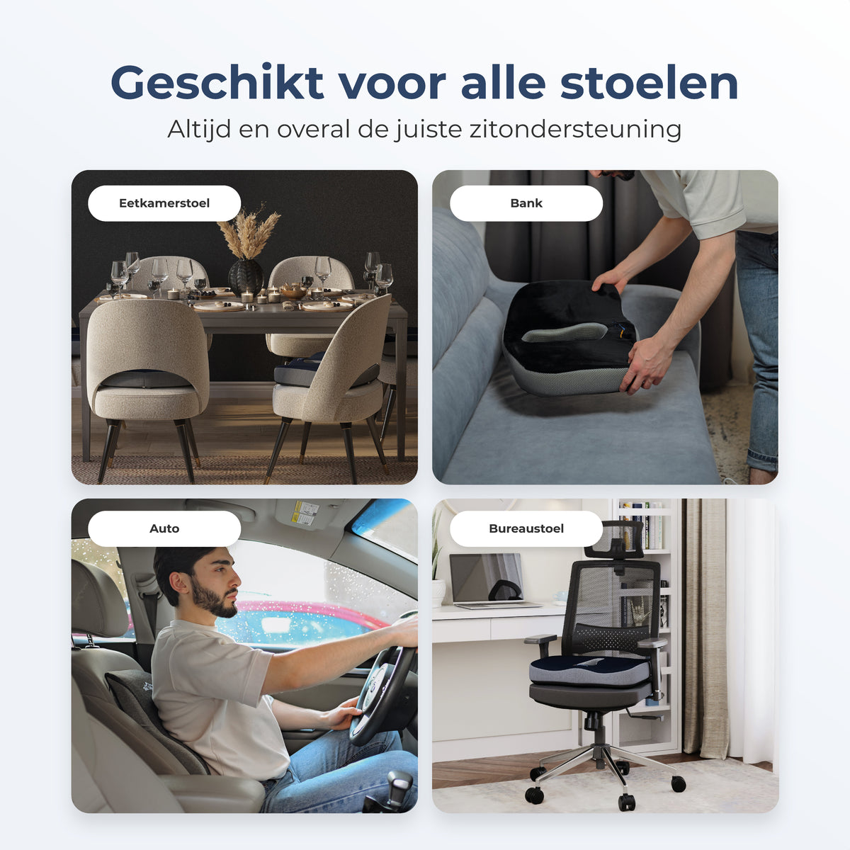 Zitkussen Makalu op eetkamerstoel, bank, autostoel en bureaustoel