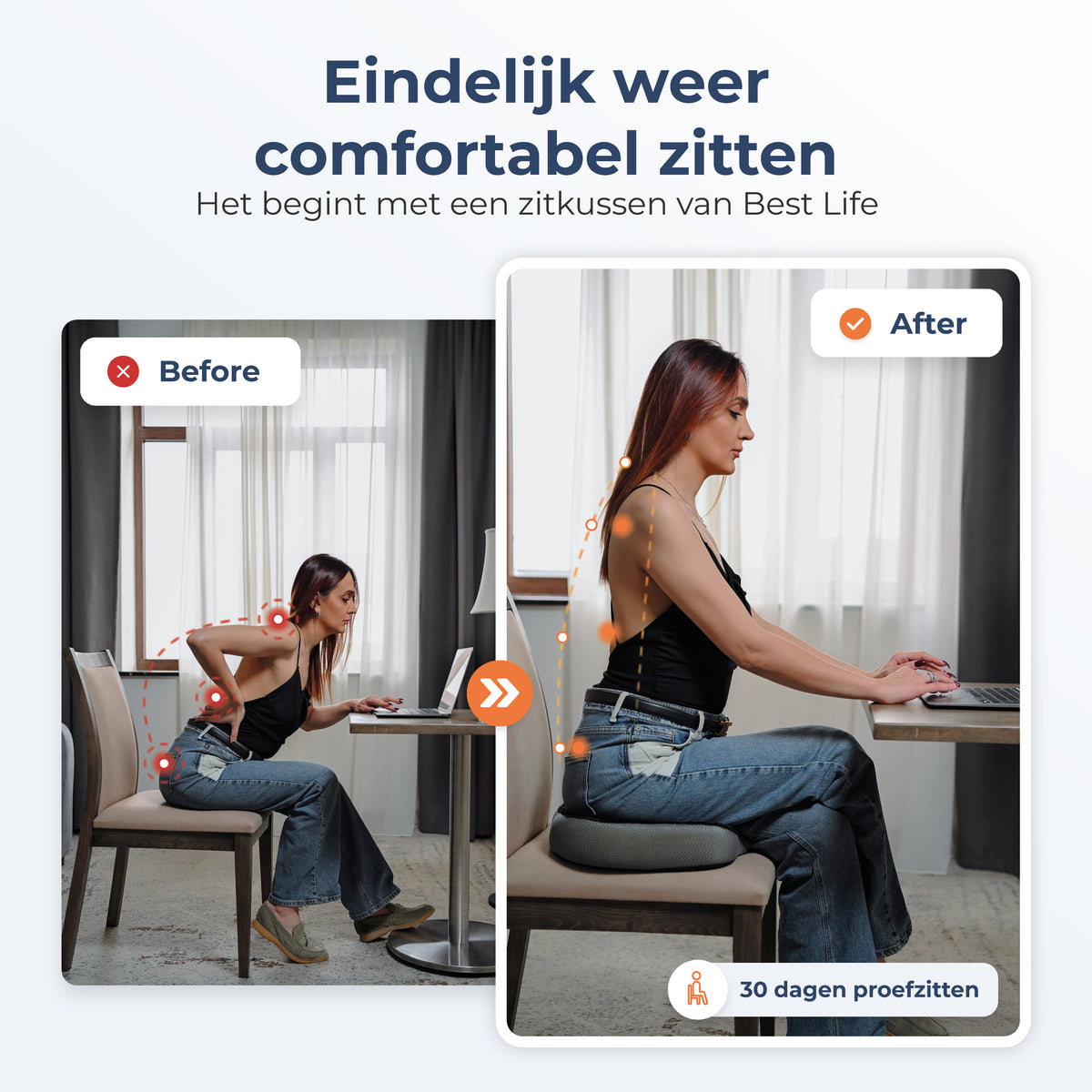 Voor en na: vrouw zit aan bureau zonder en met Zitkussen Makalu