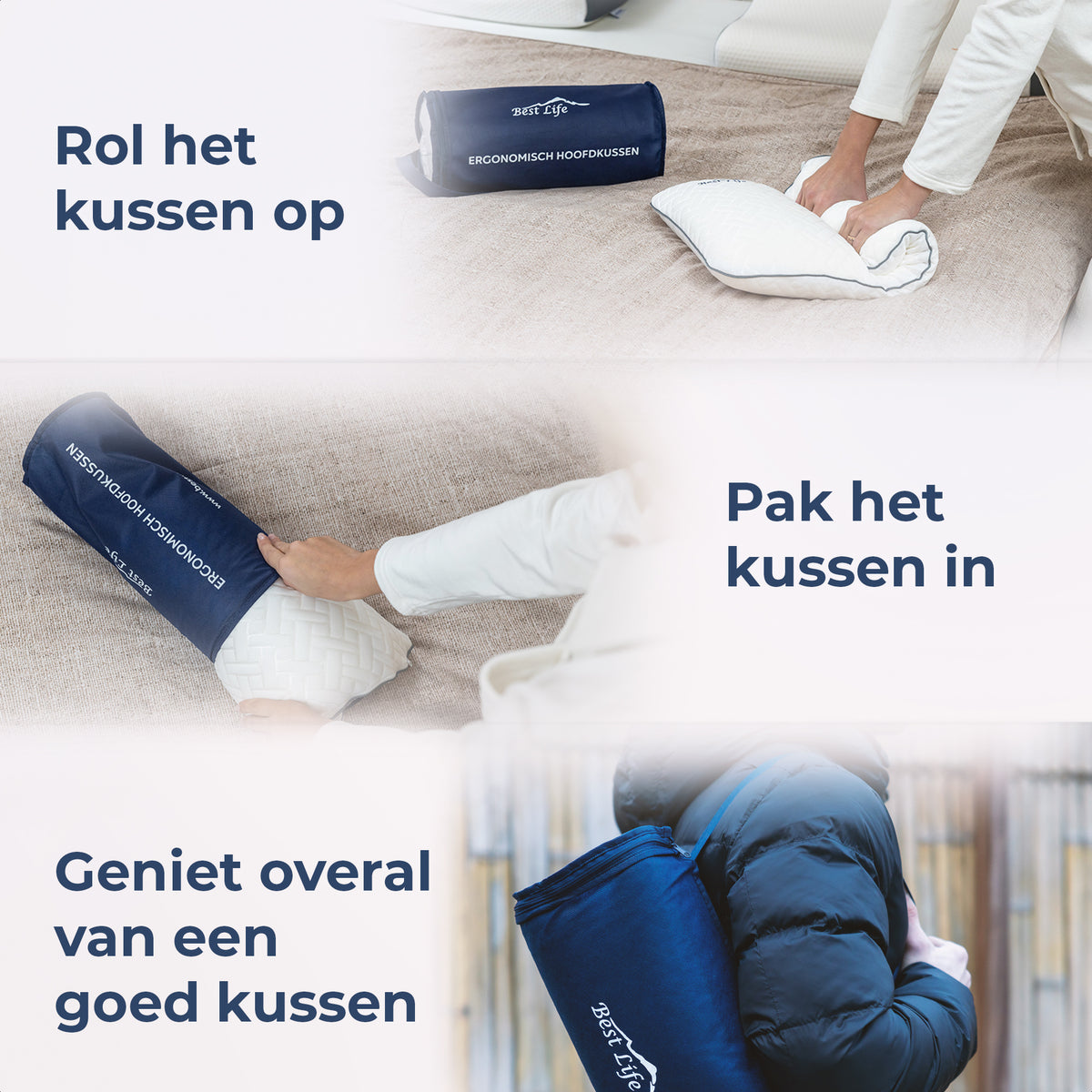 Hoofdkussen Arteni oprollen en in de reistas meenemen, in drie stappen
