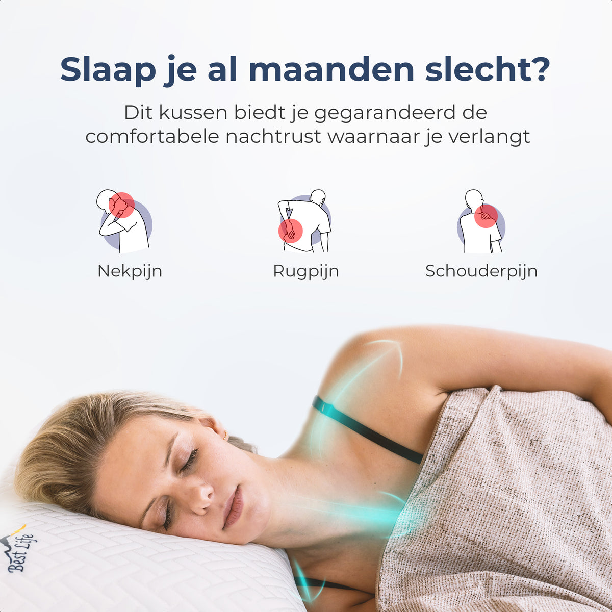 Vrouw slaapt op Hoofdkussen Arteni, met iconen voor nek-, rug- en schouderklachten