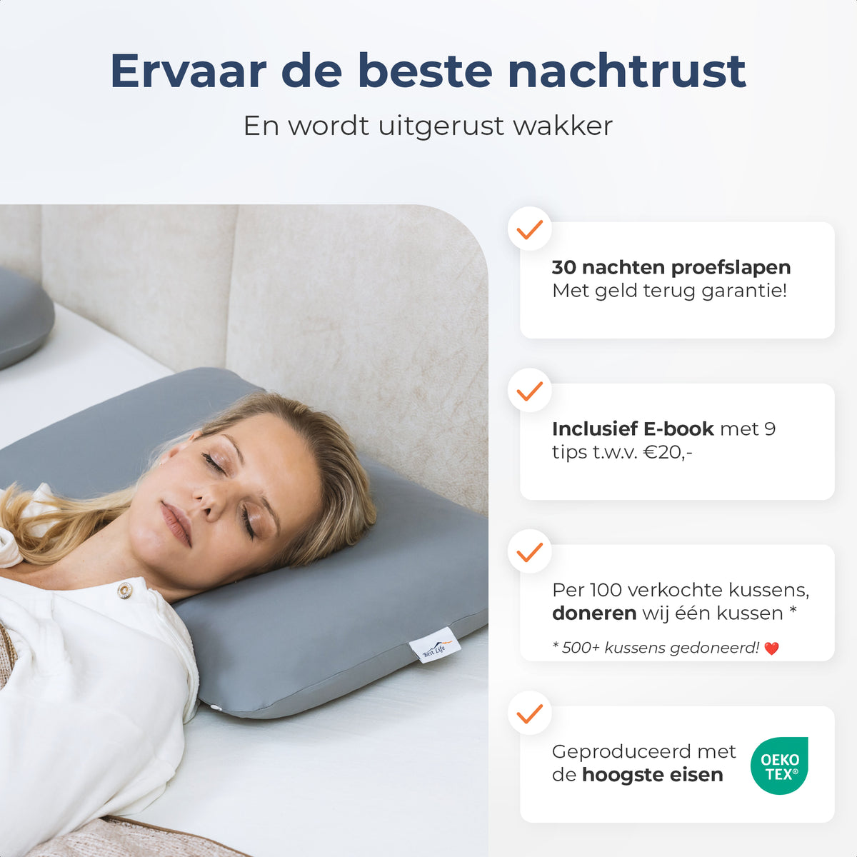 Vrouw slaapt op Hoofdkussen Arteni, met 30 nachten proefslapen en gratis e-book