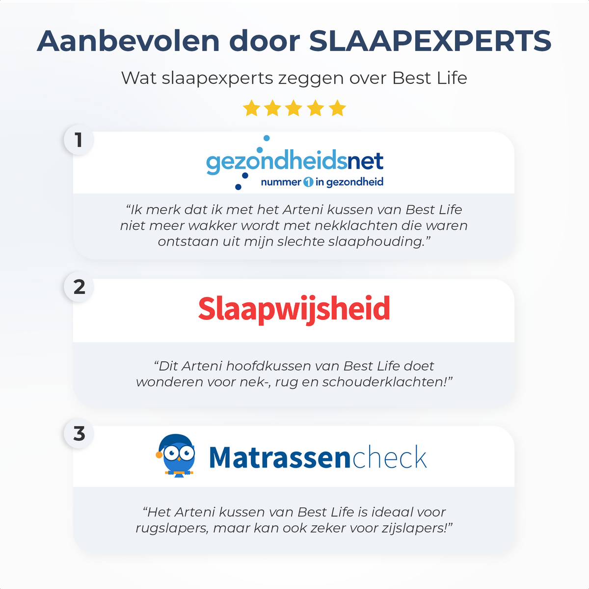 Hoofdkussen Arteni aanbevolen door slaapexperts van Gezondheidsnet, Slaapwijsheid en Matrassencheck