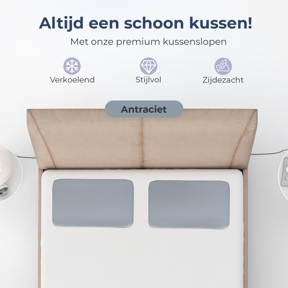 Hoofdkussen Arteni met bijpassende kussensloop in antraciet: verkoelend, stijlvol en zijdezacht