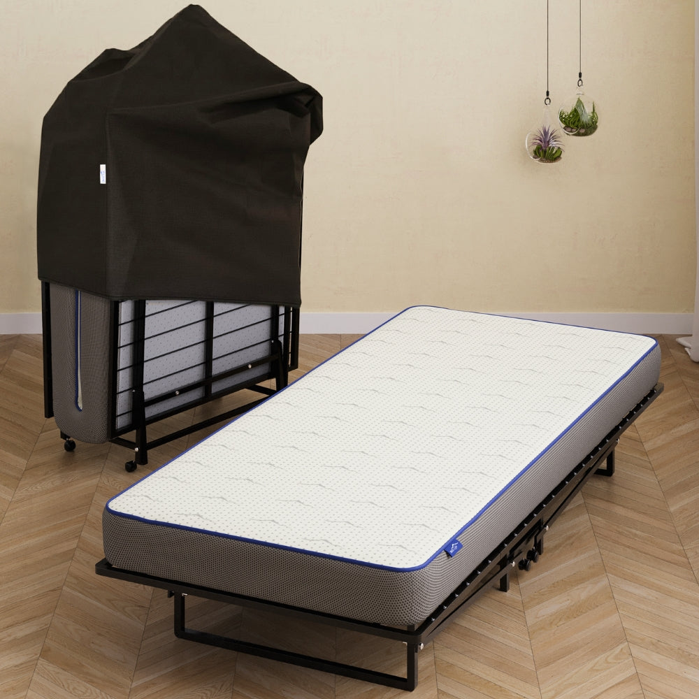 Vouwbed Orta uitgeklapt 90 x 200 cm met 10 cm matras, naast de zwarte opberghoes
