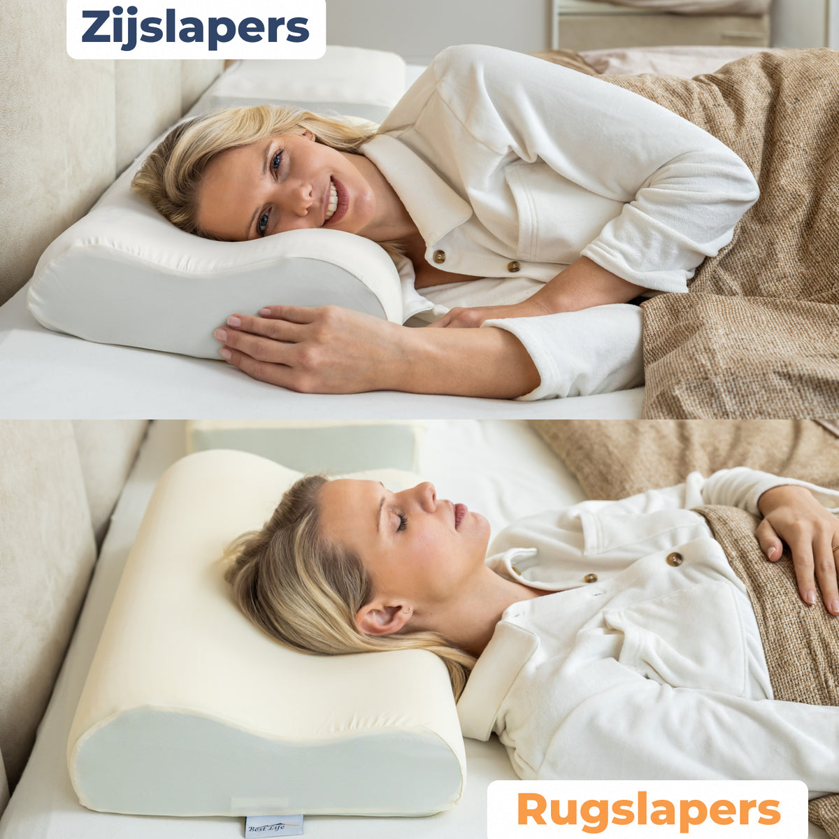 Vrouw op Hoofdkussen Guna als zijslaper en als rugslaper