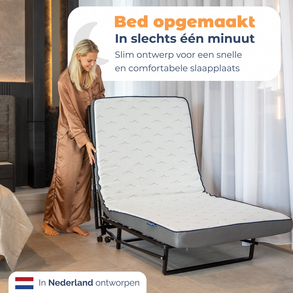 Vouwbed Orta binnen een minuut opgemaakt als logeerbed