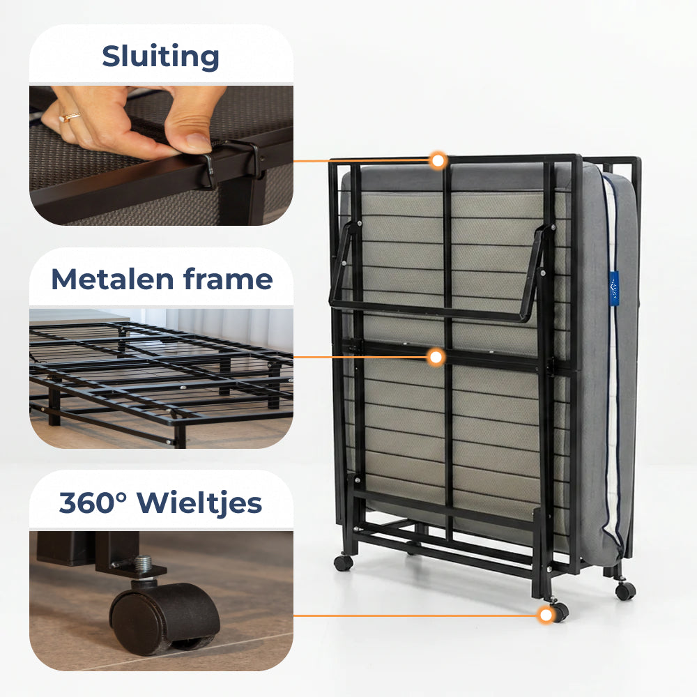 Details Vouwbed Orta: sluiting, metalen frame en 360 graden wieltjes