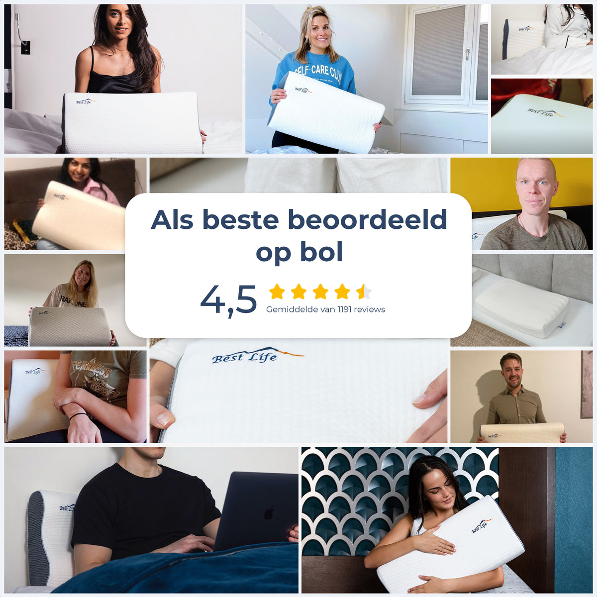 Collage van klanten met Hoofdkussen Arteni, gemiddeld beoordeeld met 4,5 sterren op bol