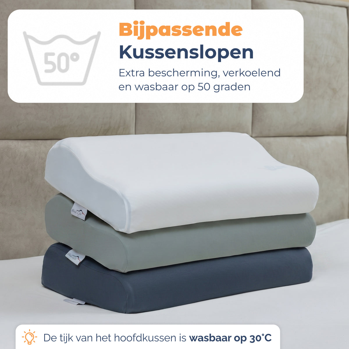Hoofdkussen Guna met bijpassende kussenslopen in wit, grijs en navy, wasbaar op 30 graden