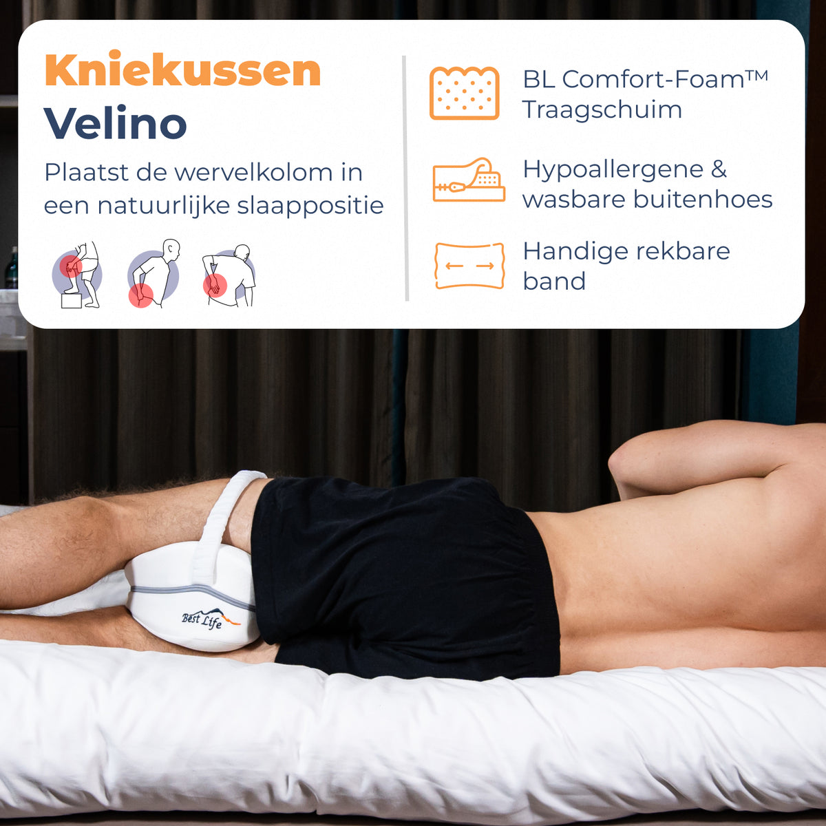 Man slaapt op zijn zij met Kniekussen Velino tussen de knieën, met kenmerken traagschuim en wasbare hoes