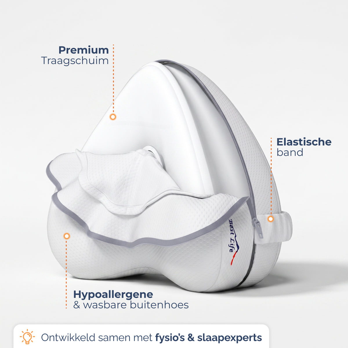 Opbouw Kniekussen Velino: premium traagschuim, elastische band en hypoallergene wasbare hoes