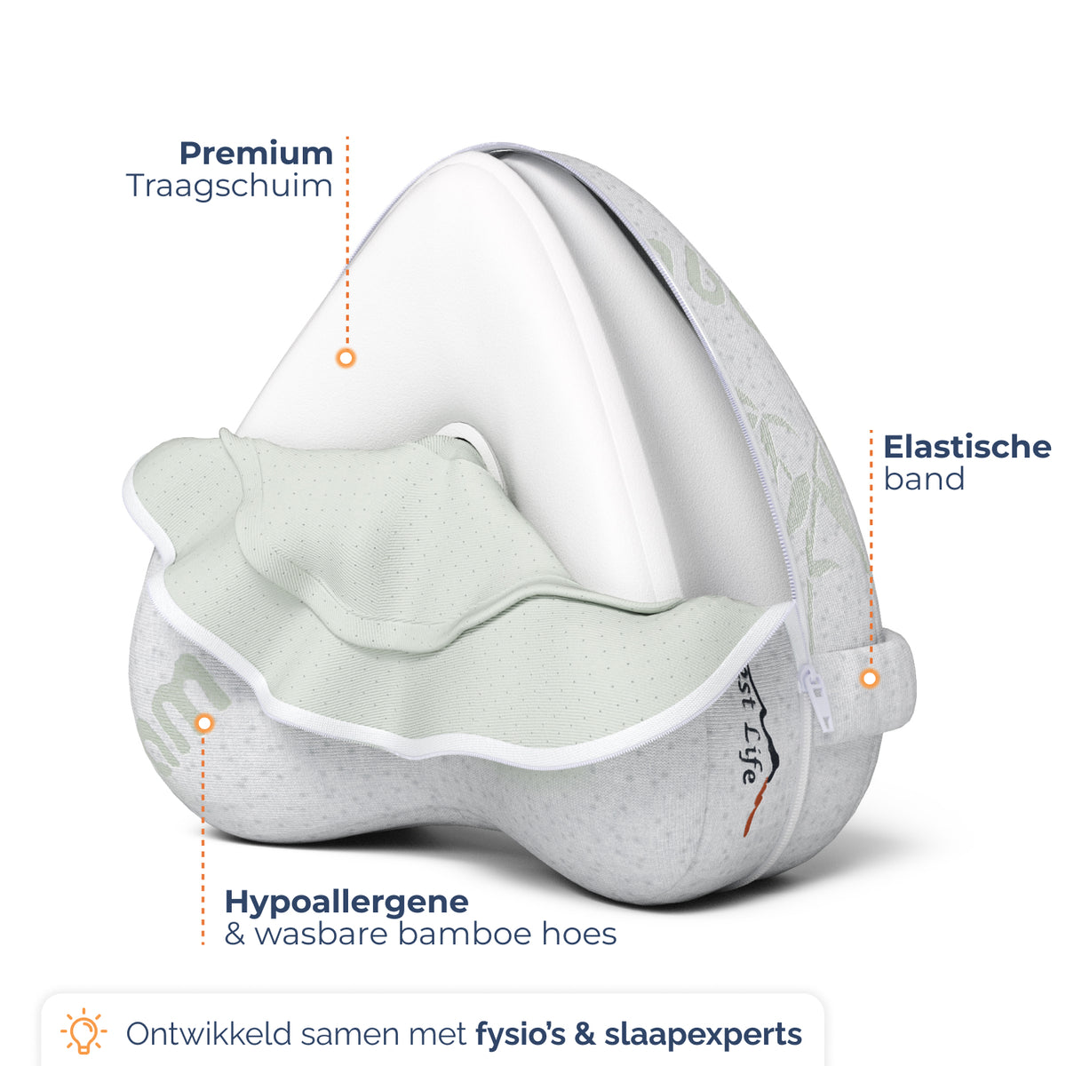 Opbouw Kniekussen Mikeno: premium traagschuim, elastische band en hypoallergene bamboe hoes
