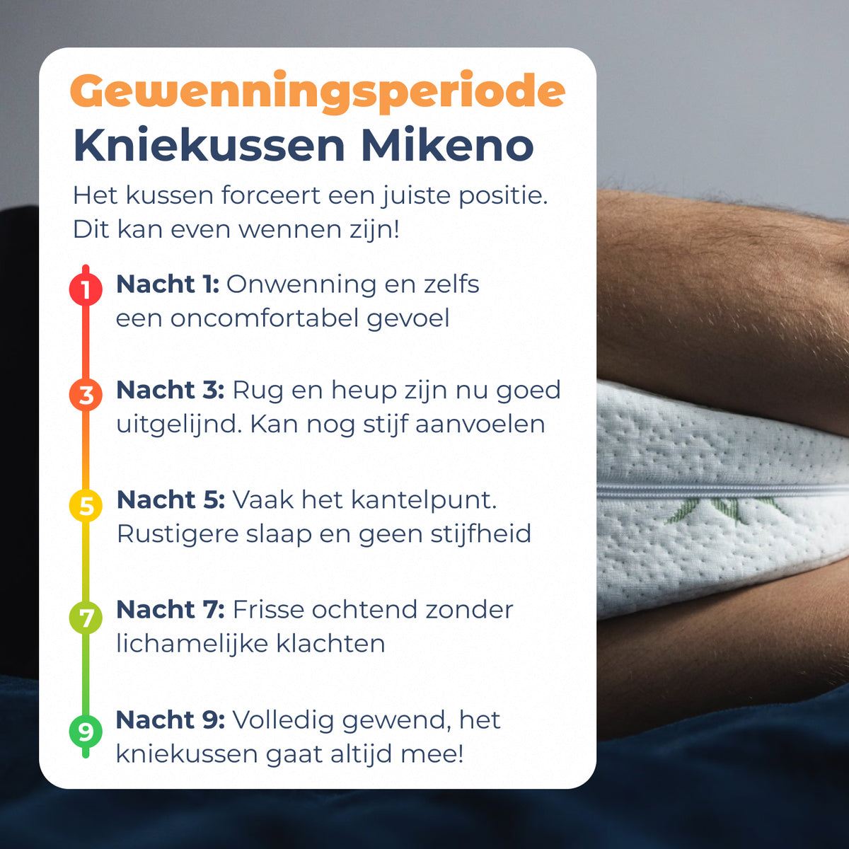 Gewenningsperiode Kniekussen Mikeno per nacht uitgelegd, kussen met band om het been