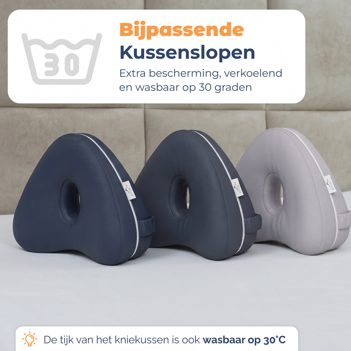 Kniekussen Mikeno met bijpassende kussenslopen in antraciet, navy en grijs, wasbaar op 30 graden