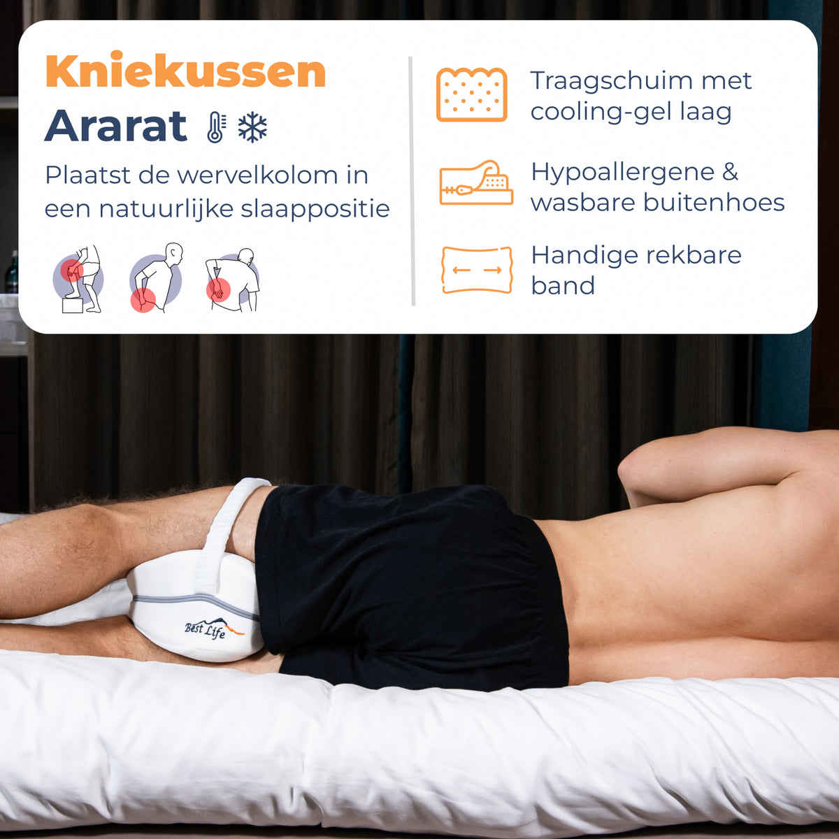 Man slaapt op zijn zij met Kniekussen Ararat tussen de knieën, met traagschuim en cooling-gel