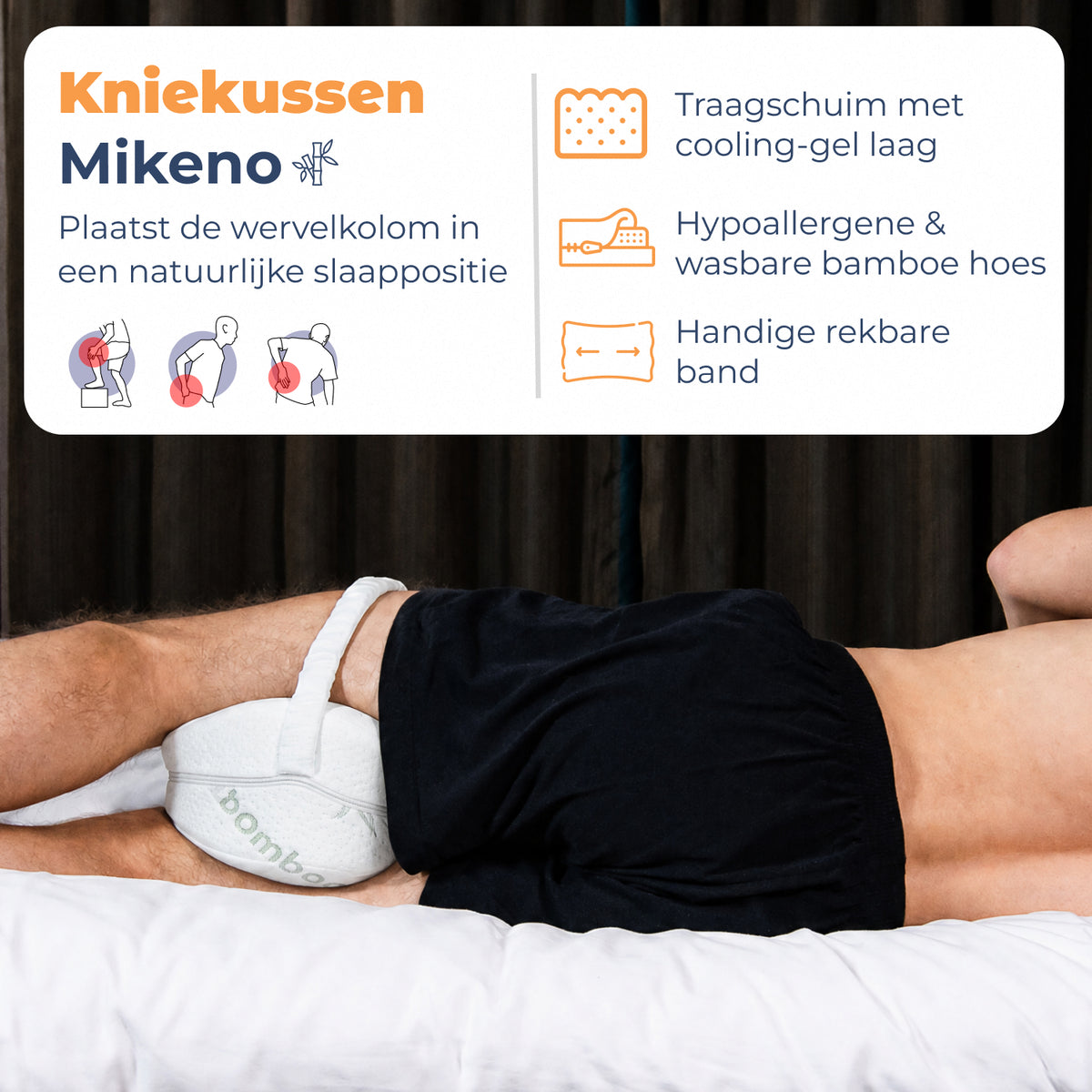 Man slaapt op zijn zij met Kniekussen Mikeno tussen de knieën, met bamboe hoes en reisband