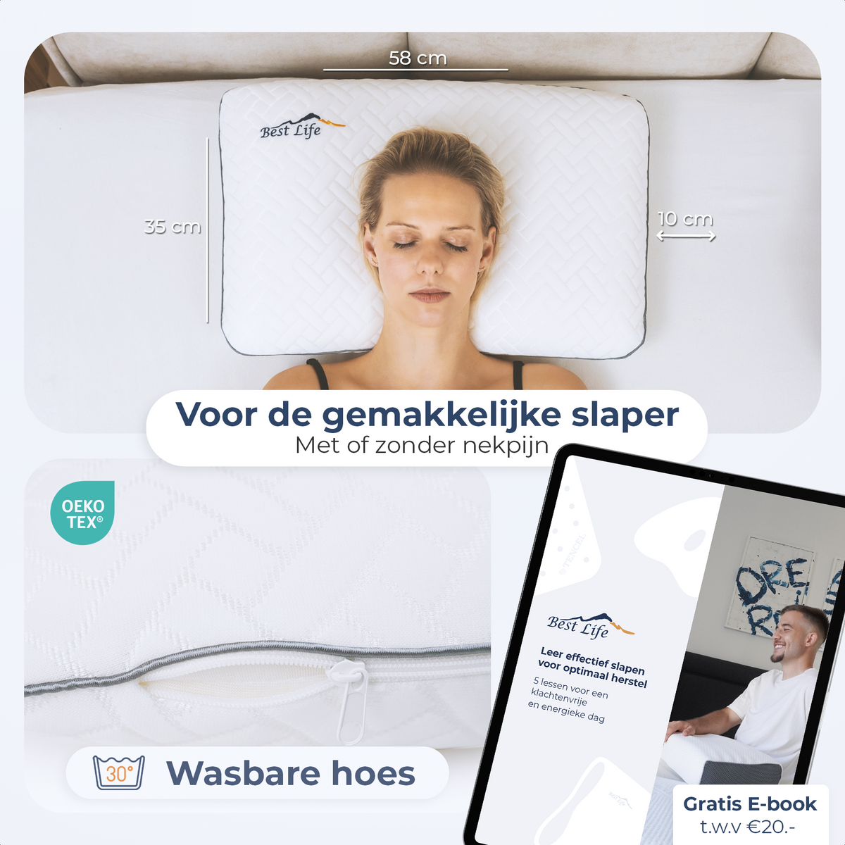 Vrouw op Hoofdkussen Arteni voor de gemakkelijke slaper, met wasbare hoes en e-book