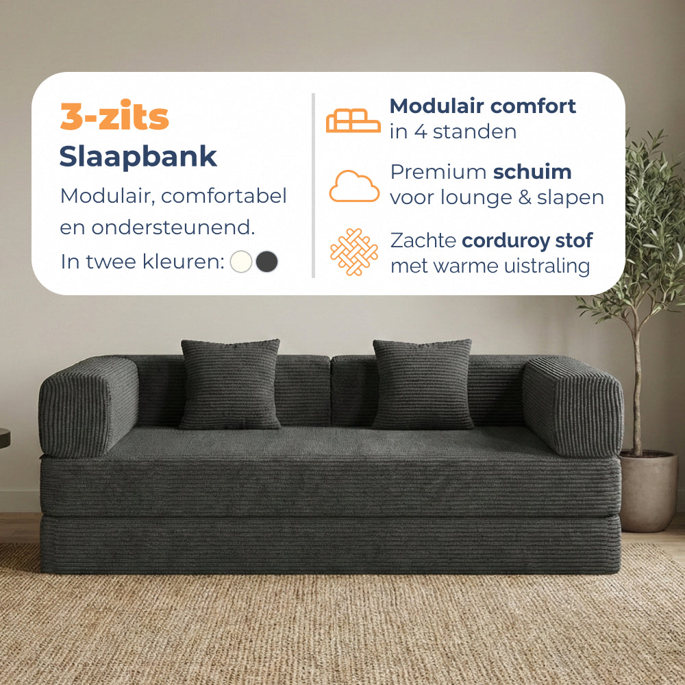 3-zits Slaapbank Lugano, modulair in 4 standen met premium schuim en zachte corduroy stof