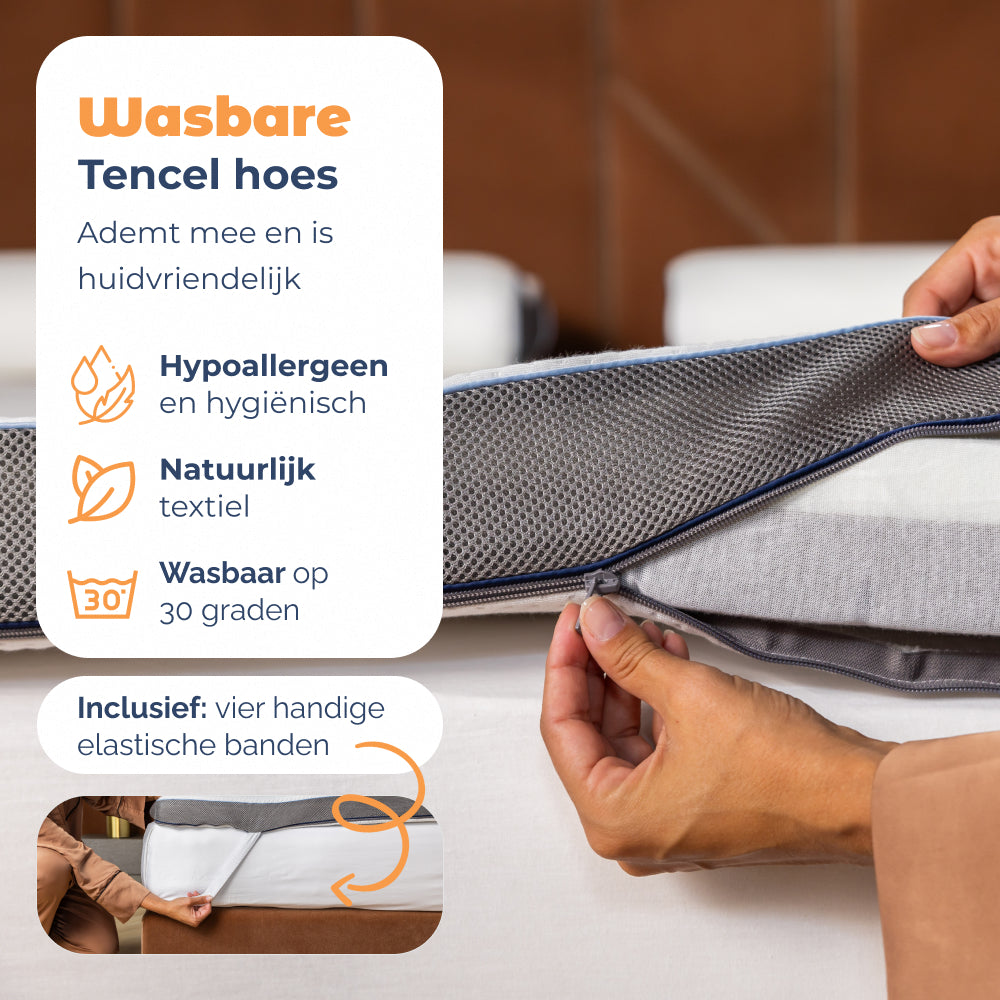 Wasbare Tencel hoes van Matrastopper Olympus met vier elastische banden, wasbaar op 30 graden