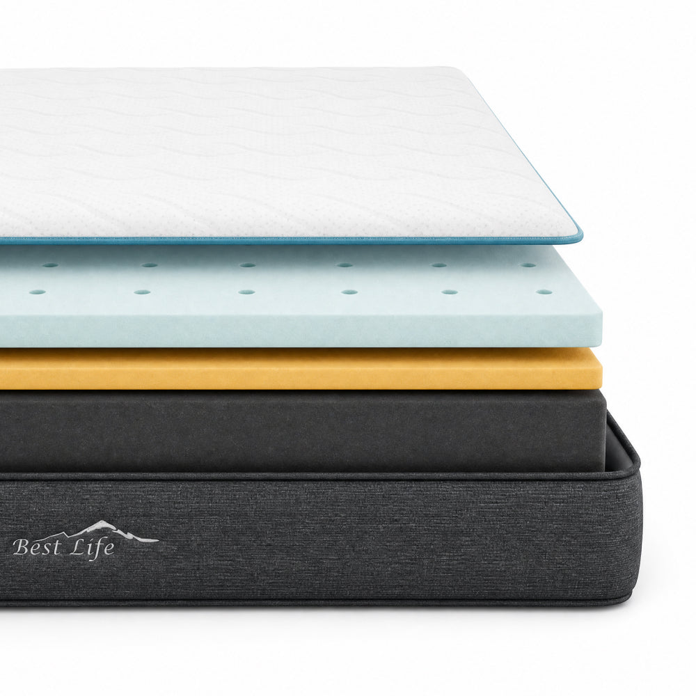 Matras Jaya van 18 cm met drie schuimlagen en witte Tencel hoes, schuin aanzicht