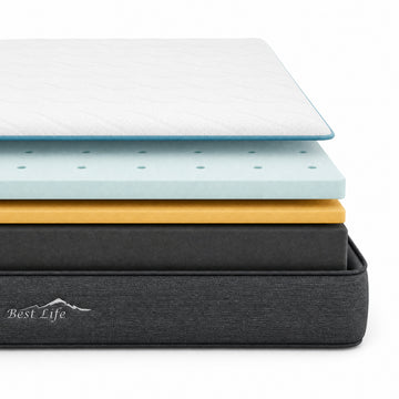 Matras Jaya van 18 cm met drie schuimlagen en witte Tencel hoes, schuin aanzicht