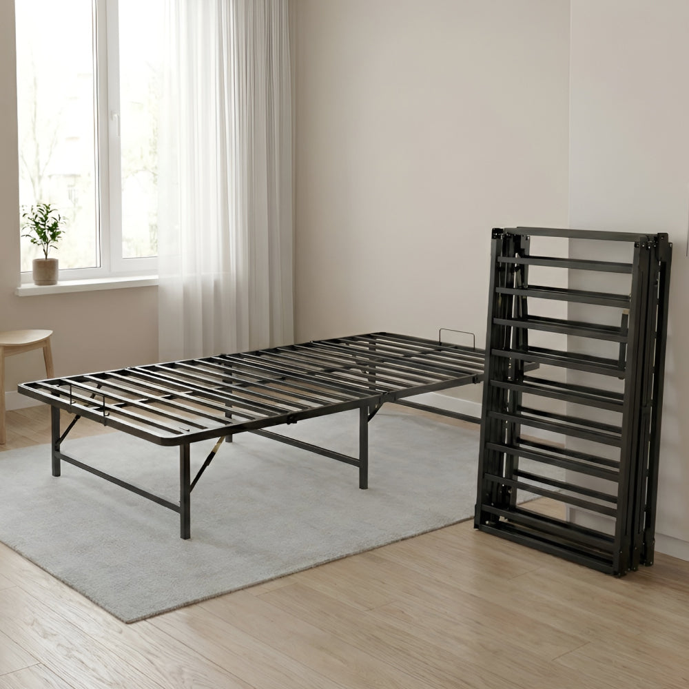 Opvouwbaar Bedframe Nera 90 x 200 cm van zwart metaal, uitgeklapt en ingeklapt