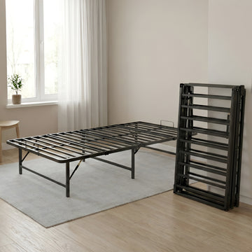 Opvouwbaar Bedframe Nera 90 x 200 cm van zwart metaal, uitgeklapt en ingeklapt