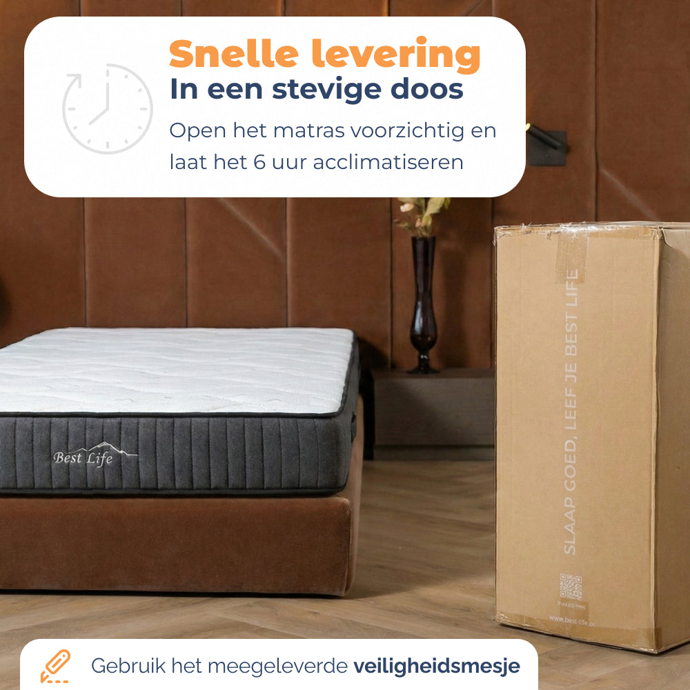 Matras Nanda naast de stevige doos, snelle levering, 6 uur laten acclimatiseren