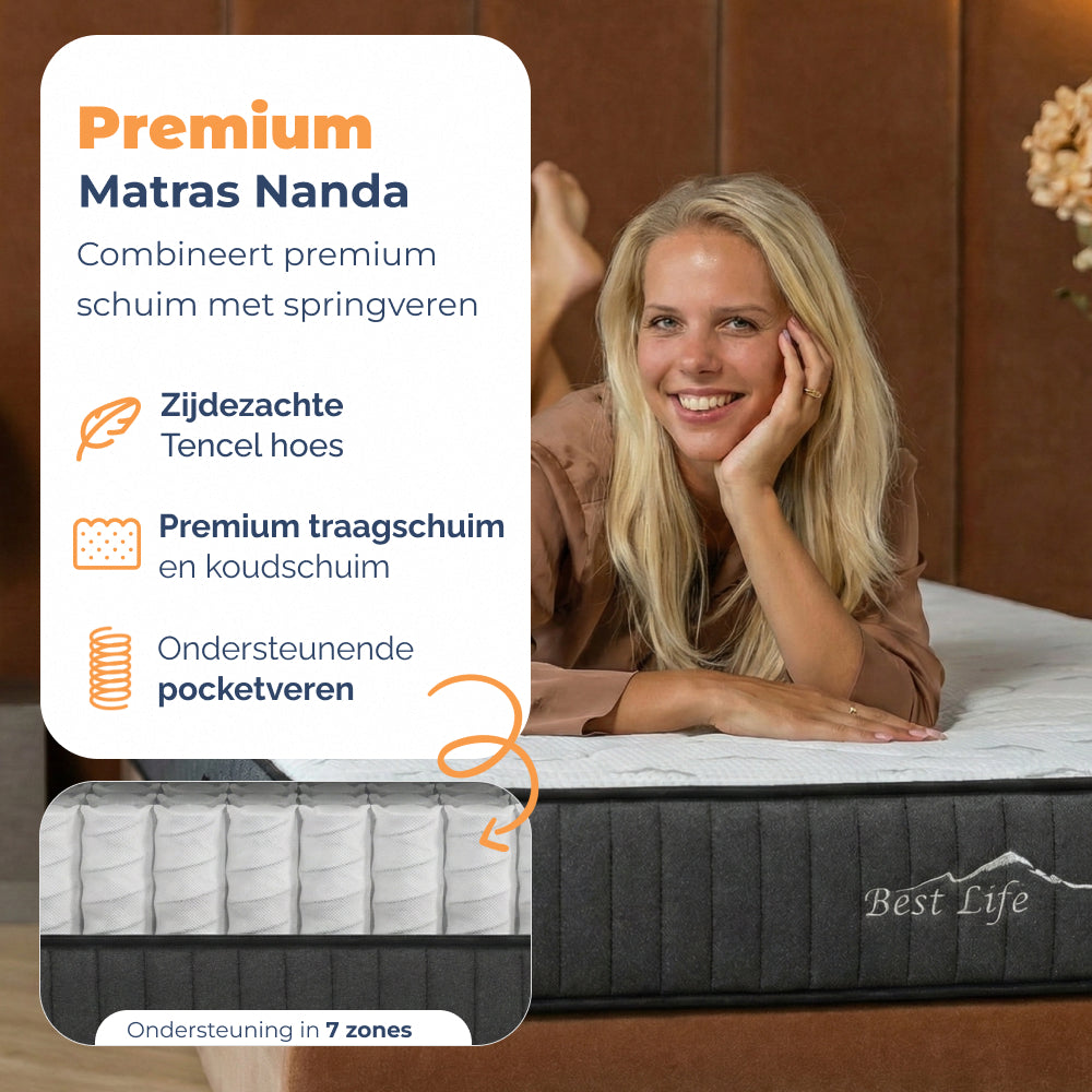 Vrouw ligt op Premium Matras Nanda met Tencel hoes, traagschuim en pocketveren