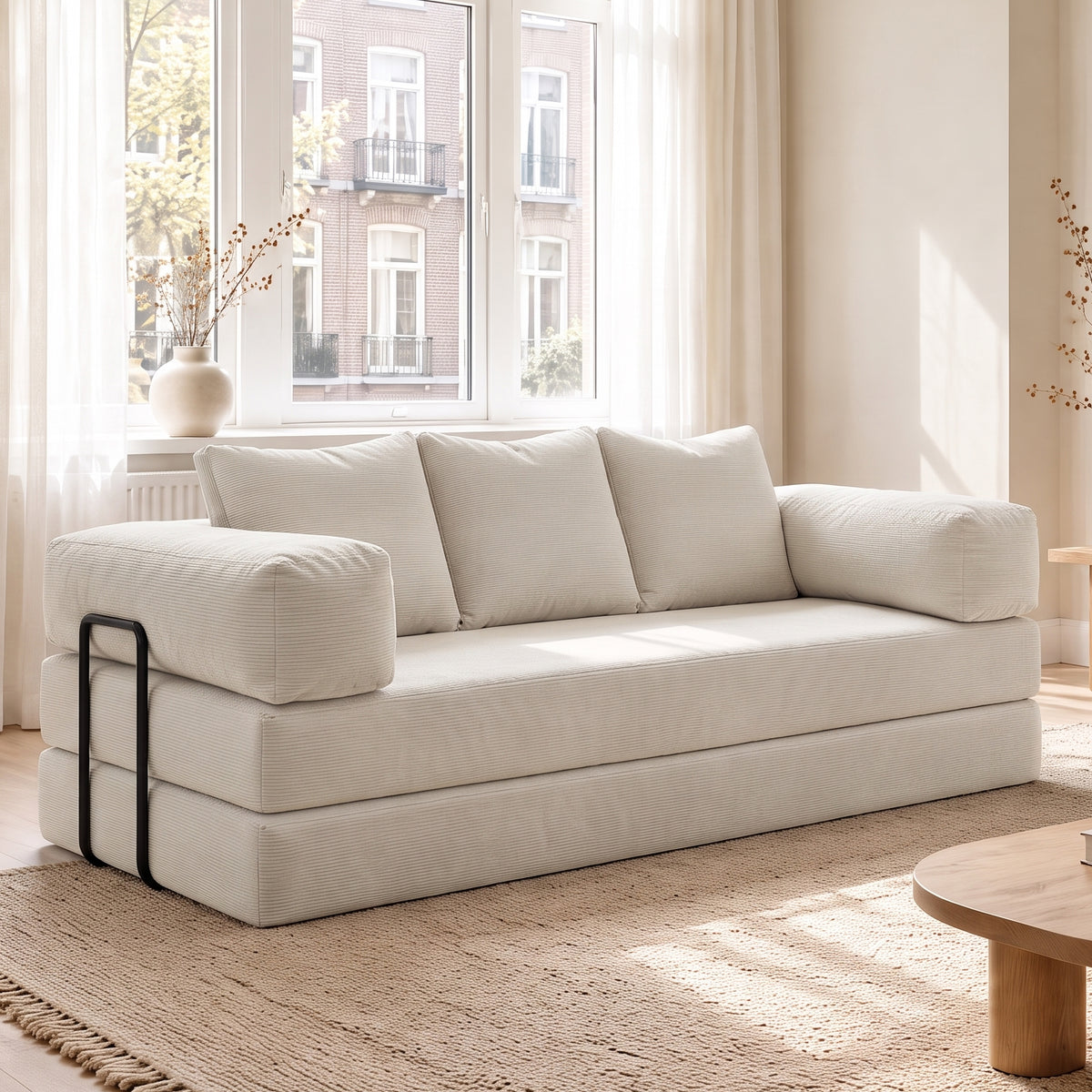 Slaapbank Lugano beige met corduroy bekleding en metalen zij- en achtersteunen