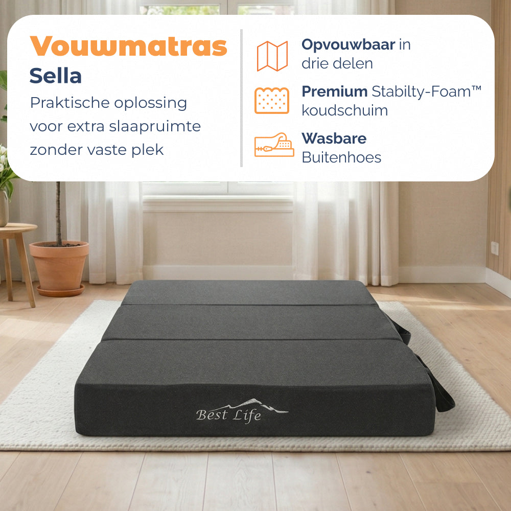 Vouwmatras Sella, in drie delen opvouwbaar met Stability-Foam koudschuim en wasbare hoes