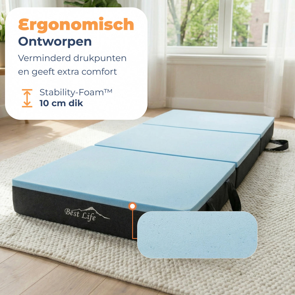 Vouwmatras Sella met 10 cm Stability-Foam koudschuim, hoes deels open