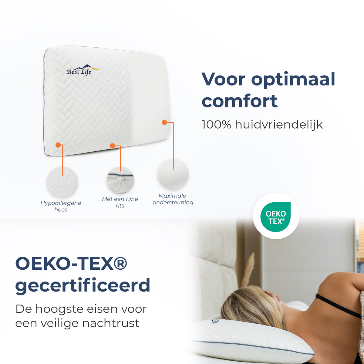 Hoofdkussen Arteni met OEKO-TEX gecertificeerde, huidvriendelijke hoes