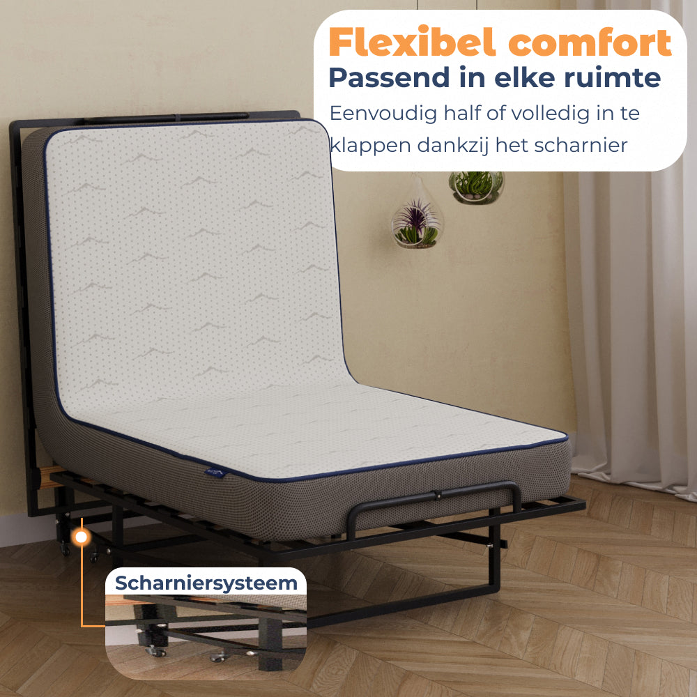 Vouwbed Yarra half rechtop geklapt met scharniersysteem, als stoel of bed te gebruiken