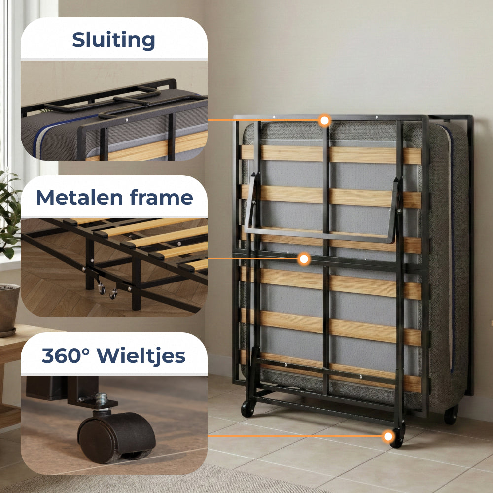 Details Vouwbed Yarra: sluiting, metalen frame en 360 graden wieltjes, ingeklapt met houten latten
