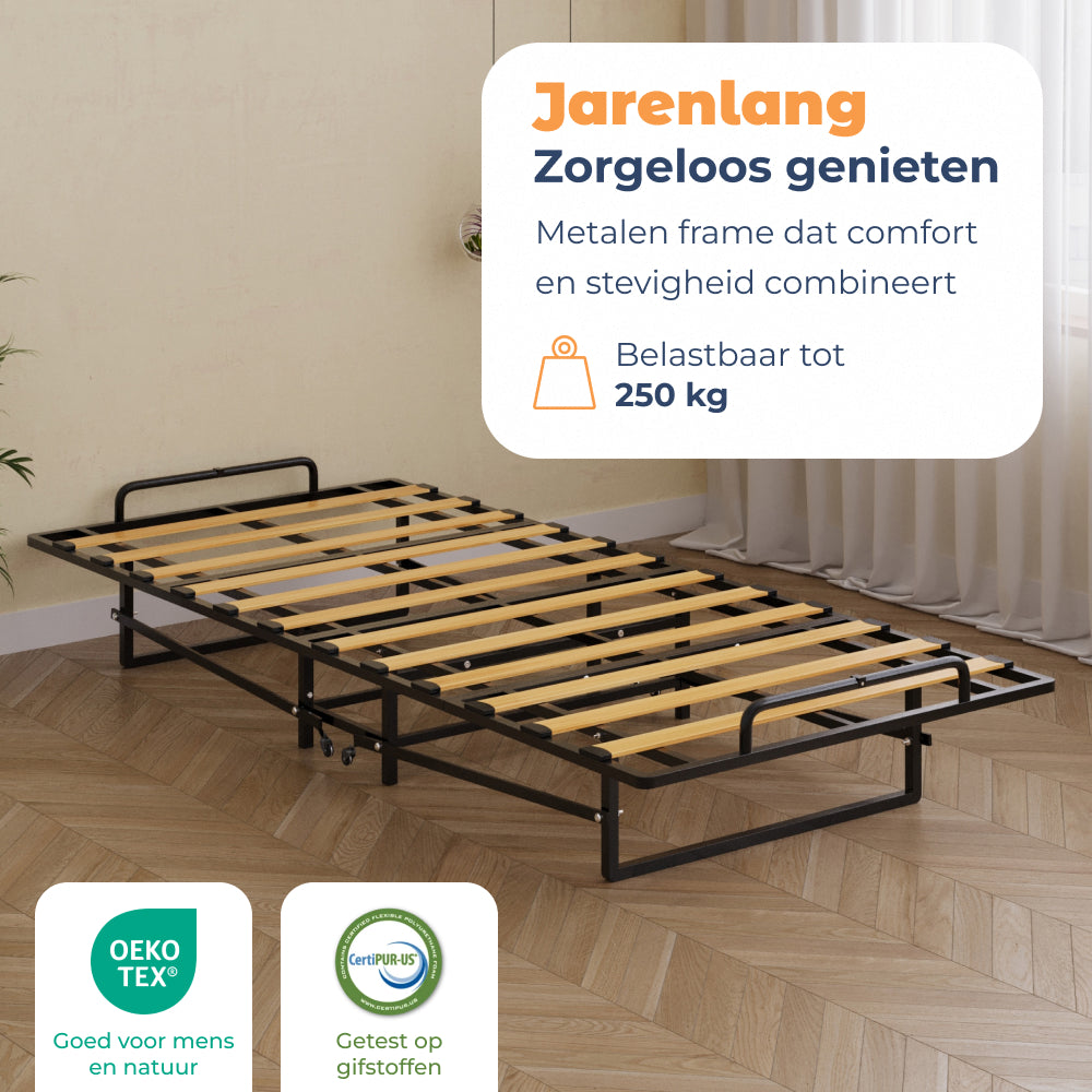 Metalen frame met houten lattenbodem van Vouwbed Yarra, belastbaar tot 250 kg