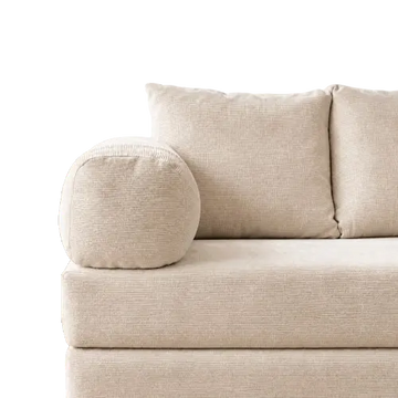 Slaapbank Lugano Beige, close-up van zitting, rolkussen en rugkussens in beige corduroy