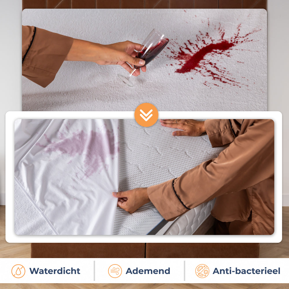 Voor en na: rode wijn op Matrasbeschermer Garda en het matras eronder blijft droog en schoon